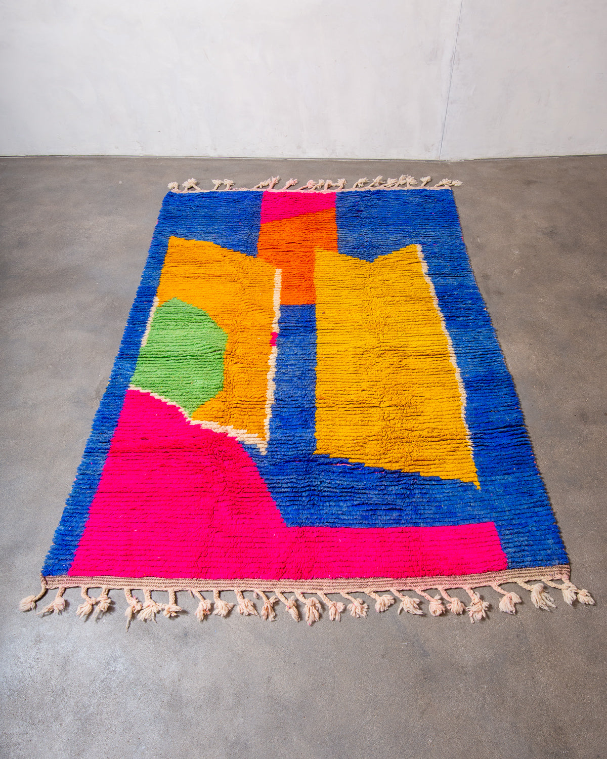 Modern, designer, handcrafted Berber rug from Morocco. Vintage carpet with beautiful colours and patterns and fluffy texture.